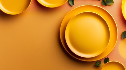 Poster - Yellow plate with a leaf on it is surrounded by other yellow plates. The image has a warm, inviting feel to it, as if it were a table setting for a meal