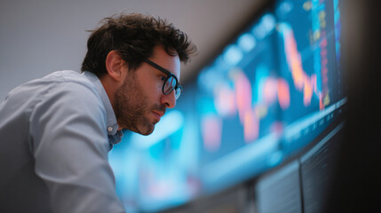 Poster - Man analyzing stock market data charts on screen for investment and financial planning success strategy