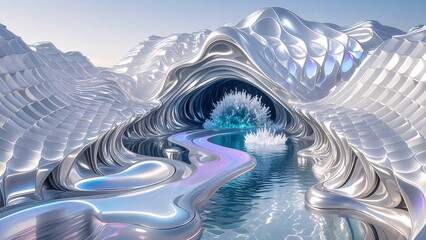 Aufkleber - 幻想的な氷山と輝く水面の風景 3Dレンダリングによる未来的なデザイン