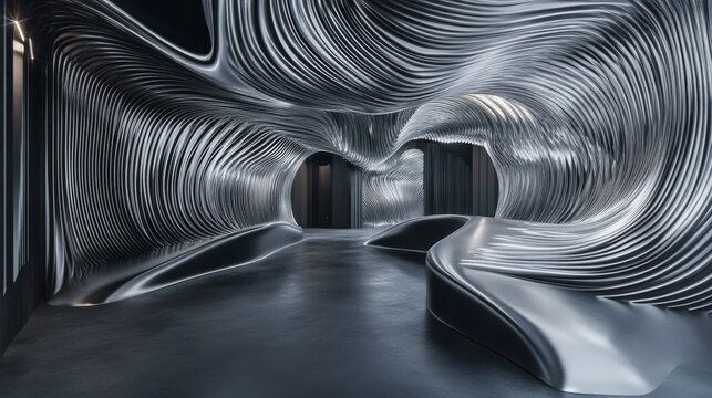 Abstract Futuristic Corridor with Glowing Lines and Dark Walls