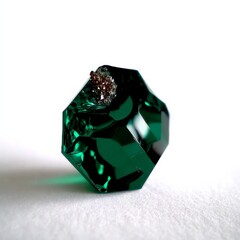 Poster - Emerald Reflections: Close-up of a Deep Green, Multi-faceted Gemstone with Surface Texture on a White Background