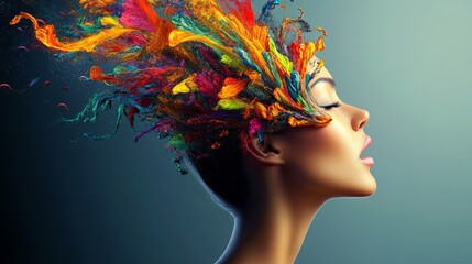 Wall Mural - woman's face is painted with a colorful, abstract design. the colors are bright and vibrant, creatin