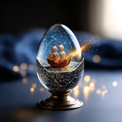 Leinwandbilder - Voyage in a Cosmic Egg: Dreamy Ship Sailing Through a Celestial Sphere of Stars and Magic Light