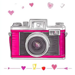 Poster - Vintage Pink Camera Sketch with Hearts: A Stylish Capture of Memories and Affectionate Moments