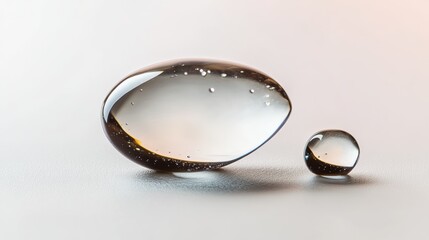 Poster - Two small spheres of water are sitting on a white surface. The spheres are almost identical in size and shape, and they appear to be floating on top of the water. Concept of calm and tranquility