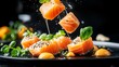 © Nataliia_Trushchenko - Plate of food with salmon and parsley on it. The salmon is cut into small pieces and is being sprinkled with sesame seeds. The plate is set on a black background