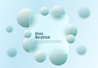 Poster - frosted glass square partition with floating spheres. abstract background with space for text. glass