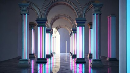 Poster - Neon-lit columns in arched hallway, futuristic architecture, reflective floor, background light