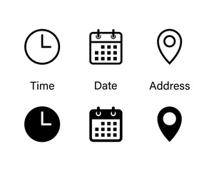 Poster - Date, time, location address icon set. Clock, calendar, location pin. Vector illustration.