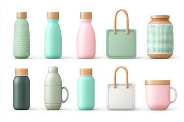 Abstract icon set of reusable items including bottle tote and jar in clean layout