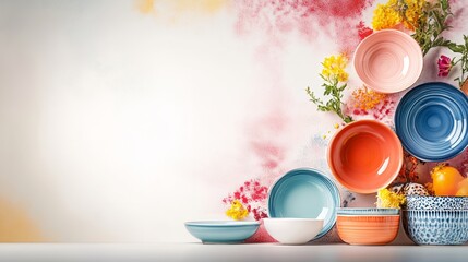 Poster - Colorful assortment of bowls and plates are arranged on a table. The bowls are of various sizes and colors, and the plates are also colorful. The arrangement of the bowls