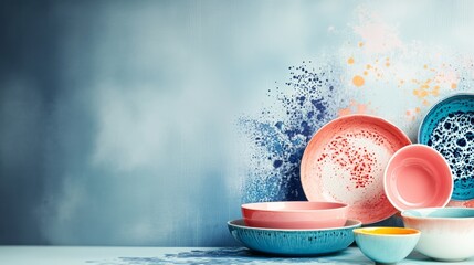 Poster - Blue wall with a blue background and a variety of colorful plates on a table. The plates are arranged in a way that creates a sense of harmony and balance