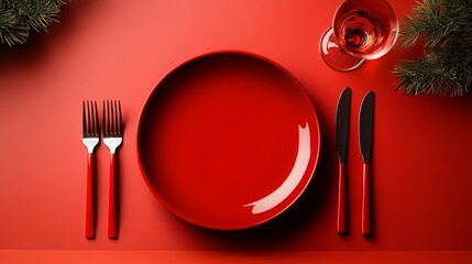 Poster - Red plate with a fork and knife on it. The plate is empty. The table is red