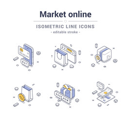 Aufkleber - set of isometric line icons illustrating various aspects of online marketing and shopping. includes 
