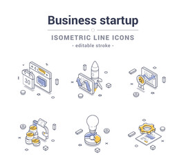 Aufkleber - collection of isometric line icons representing diverse business startup concepts including finance,