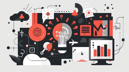 Poster - This abstract illustration features a blend of data and technology elements, symbolizing innovation and creativity in business analytics. Modern design with vibrant colors.