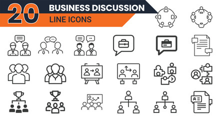 Poster - Vector Business Discussion Line Icons for Meetings, Communication, Collaboration, Strategy, and Presentation in Modern Corporate Environments
