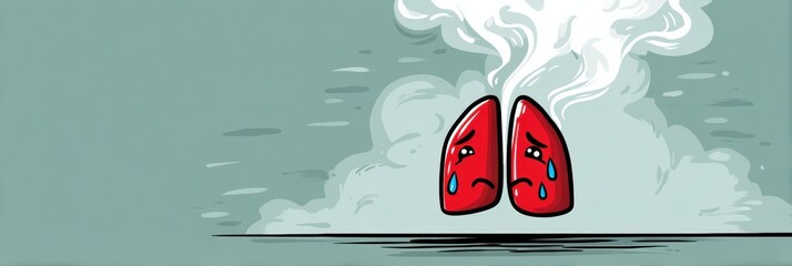 Aufkleber - Sad Cartoon Lung Character Crying Smoke Expresses Emotional Struggle Over Pollution and Health Concerns Affecting the Environment