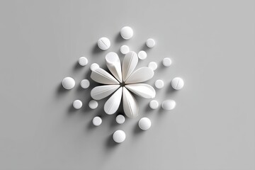 Aufkleber - Clean White Pill Arranged in a Blooming Flower Shape on a Minimalist Gray Surface Promoting Wellness and Holistic Health