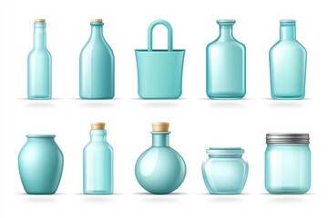 Abstract icon set of reusable items including bottle tote and jar in clean layout
