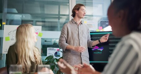 Poster - Business people, presentation and man in office with screen, app subscription and pointing. Conversation, employees or person in workplace, coming soon or sign up with software update or planning