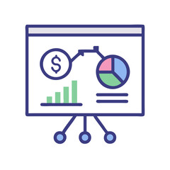 Poster - Presentation on a stand with dollar sign, graphs and pie chart