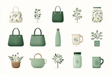 abstract icon set of reusable items including bottle tote and jar in clean layout