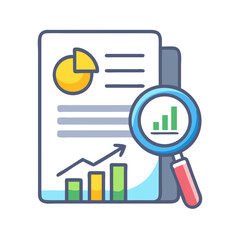 Poster - Data analysis illustration with pie chart, bar chart, and magnifying glass icon
