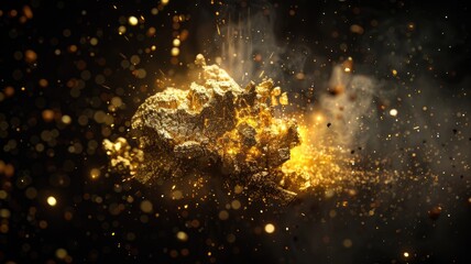 Poster - This stunning abstract image features a golden object floating in a dark background, surrounded by shimmering particles of light, creating a captivating visual experience.