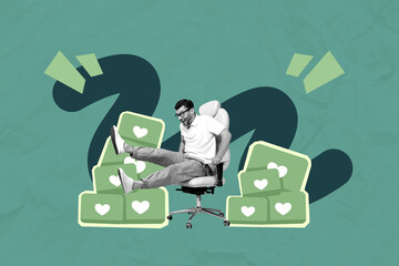 Poster - Image collage of person riding office chair having social network likes on green color background