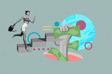 Aufkleber - Template collage of people run on stairs achieve dollars money on green color background