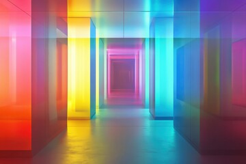 Poster - Vibrant hallway illuminated by colorful lights creating a surreal atmosphere