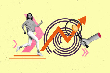 Aufkleber - Picture mockup collage of young people follow walk coin search lens on yellow color background