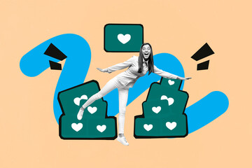 Poster - Poster surreal collage of person dance near bunch likes on pastel background