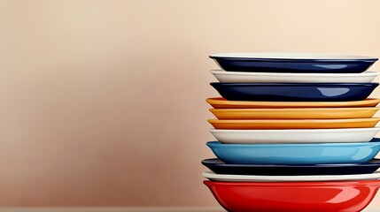 Poster - Stack of plates with different colors and sizes. The plates are piled on top of each other, creating a visually interesting and colorful display