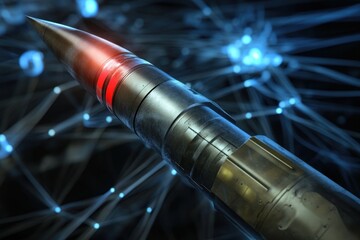 Poster - Advanced missile technology showcased with high-tech digital network background