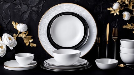 Poster - Set of white and black dinnerware with gold accents. The table setting is elegant and sophisticated