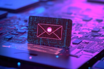 Fototapete - Digital representation of email communication on a circuit board background at night