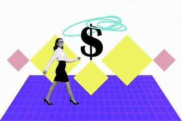 Poster - Poster creative collage person walk with dollars sign geometry shape texture white blue background