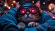 © Prokopchuk - Futuristic tabby cat with cyber goggles lounging in a soft blanket with bokeh background