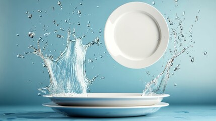 Poster - Plate is floating in the air above a splash of water. The plate is white and the water is blue
