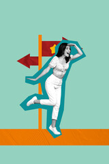 Poster - Zine creative vertical photo collage of happy businesswoman receive arrow development progress statistics best star reputation