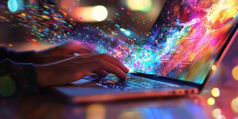 Poster - Hands of a designer using laptop and smartphone while working on colorful digital graphics and layouts in a bright, modern workspace