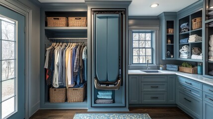 Fototapete - Wall-mounted fold-out ironing board in a small laundry nook