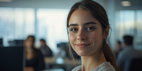 Poster - Young professional woman smiling at the camera in a modern office environment with colleagues working at their desks and computers in a bright setting