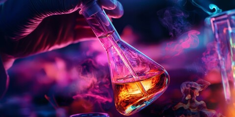 Poster - Close-Up of Scientist Hand Holding Laboratory Flask with Colorful Chemical Liquid and Pipette in Modern Research Environment