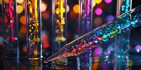 Poster - Precision laboratory pipette filled with colorful liquid above test tubes with chemical structures in background illuminating modern scientific research environment