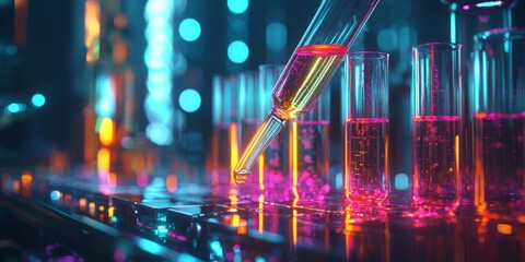 Poster - Precision laboratory pipette filled with colorful liquid above test tubes with chemical structures in background illuminating modern scientific research environment