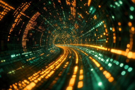Glowing Orange and Teal Digital Tunnel Abstract Art