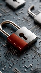 Fototapete - Glowing red abstract lock symbol with circuit patterns and data streams, symbolizing cybersecurity in a digital art style